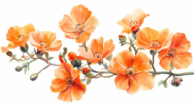Blooming desert globemallow floral watercolor in warm orange tones on white background. Blooming. Illustration