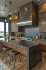 Photographie immobili&egrave;re professionnelle d'une cuisine industrielle avec murs en briques apparentes, acier inoxydable et &icirc;lot central, ambiance moderne et urbaine