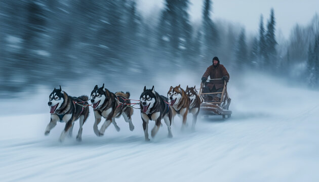 Group of huskies and Malamutes pulling sled through snow in Alaska. Man driving sled appears blurred in background. Snow-covered landscape enhances action and energy. Snowy wild nature