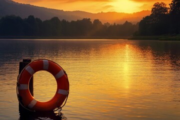 Golden sunrise over calm lake, life preserver on post.