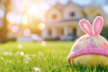 A vibrant easter egg wearing a knitted bunny hat rests on lush green grass, illuminated by warm sunlight