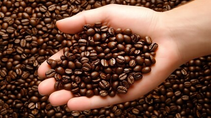 Top view of coffee beans resting in a hand with a rich coffee background. Perfect for themes like coffee culture, food, and beverages.