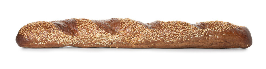 One fresh baguette with sesame isolated on white