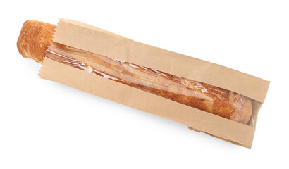 Fresh baguette in paper bag isolated on white, top view