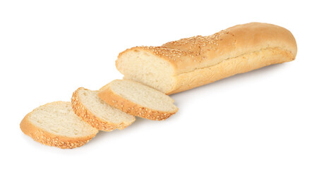 Cut fresh baguette with sesame isolated on white
