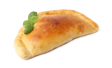 Tasty vegetarian calzone with basil isolated on white