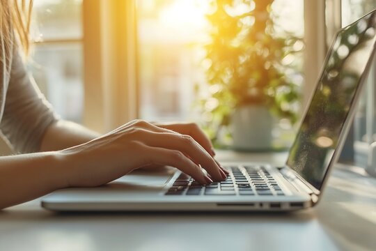 Warm sunlight illuminating person typing on laptop