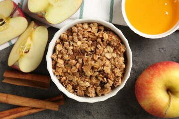 Delicious apple crisp in bowl, fresh fruits, cinnamon sticks and honey on grey table, flat lay