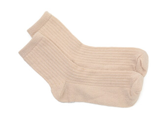 Pair of soft socks isolated on white, top view