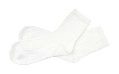 Pair of soft socks isolated on white, top view