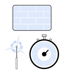 Wind turbine stopwatch light blue brick wall. Ideal for renewable energy, sustainability, time management, efficiency, clean power, environmental conservation, green energy. Line metaphor