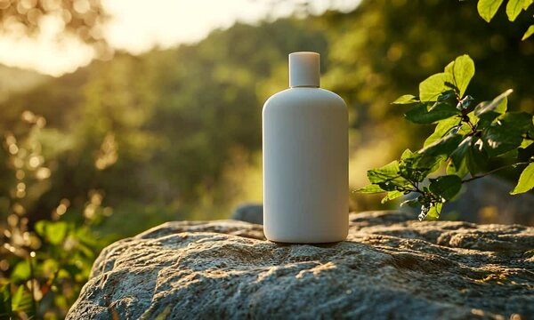 White cosmetic bottle on a rock in a sunlit natural setting.