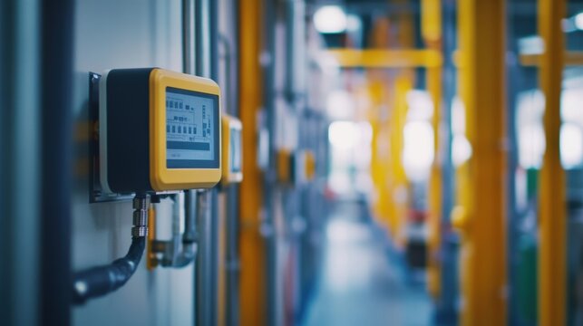A series of environmental monitoring sensors installed along the factory wall with a macro shot capturing the sensors readouts of CO2 levels and other pollutants.