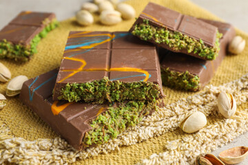 Pieces of Dubai chocolate bar with pistachios and knafeh on table, closeup