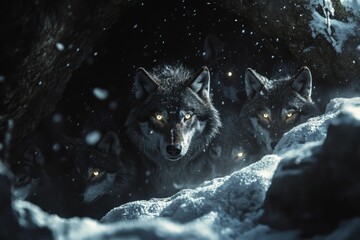 Fototapeta premium Wolves' glowing eyes in snowy den, winter scene.
