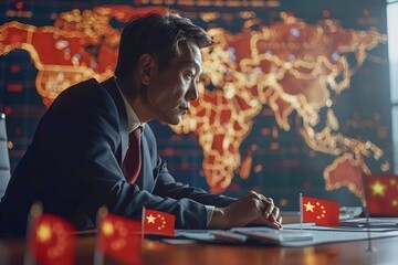 A businessman in a dark suit sits at a desk intently analyzing global data represented on a screen. Small Chinese flags surround him, indicating a focus on Chinas impact in global affairs.