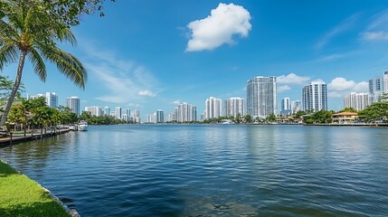 Obraz premium Miami waterfront view. Luxury canal and city skyline. Concept of Florida lifestyle, real estate, and vacation.