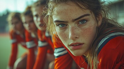 Dynamic photo of a field hockey team defending a penalty corner players crouched in anticipation with intense focus on their expressions
