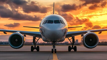 Naklejka premium Commercial Airplane on Runway at Sunset. Concept of Travel, Transportation, and Aviation.