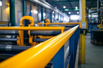 Industrial facility; yellow railing; machinery; metal processing.