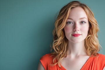 Naklejka premium Portrait of a Confident Young Woman with Wavy Hair Against a Soft Blue Background