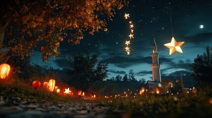 Fototapeta premium Serene Nightscape with Lanterns, Stars, and a Mosque Under Moonlight