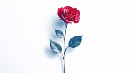 Fototapeta premium Rose with stem and leaves, classic red with subtle shading, vector illustration isolated on white, realistic yet artistic