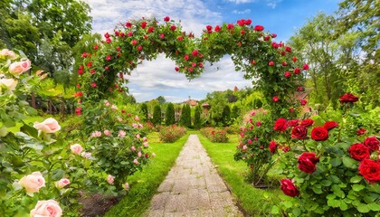 Obraz premium Romantic Heart-Shaped Garden Path Surrounded by Blooming Roses and Lush Greenery