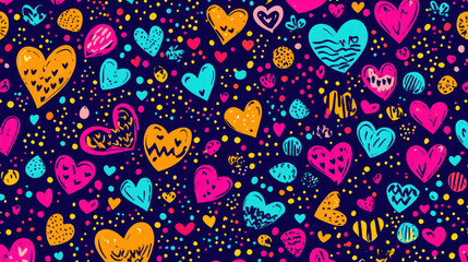 Vibrant seamless pattern of colorful hand-drawn hearts on a dark background