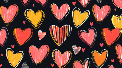 Seamless pattern of colorful hand-drawn hearts on dark background