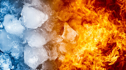 Visual metaphor of fire and ice with flames and frozen ice in sharp contrast