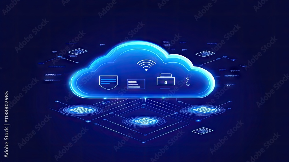 Poster digital cloud computing concept with secure data storage visuals