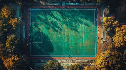 Panoramic view of a field hockey game showing the entire pitch players moving across the field in fluid formations using drone photography