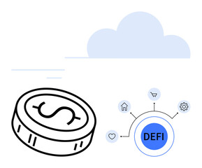 Dollar coin, cloud, decentralized finance DeFi concept with icons for home, shopping cart, gear, heart. Ideal for finance, blockchain, cryptocurrency digital investments financial technology