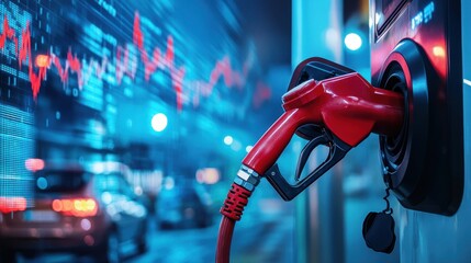 Gas pump handle held at filling station, with background showing stock market graphs and charts showing rising fuel prices