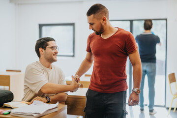 Two high school students engage in a friendly handshake in a well-lit classroom. One student is standing, while the other is seated, fostering an atmosphere of camaraderie.