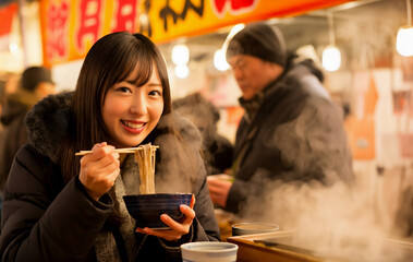 屋台で年越し蕎麦を食べる若い女性