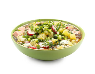 Bowl of tasty okroshka on white background