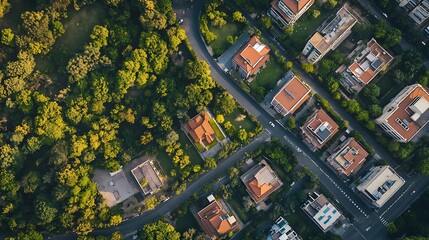Fototapeta premium Aerial view of residential neighborhood with trees and streets. Concept of urban planning, community, and nature.