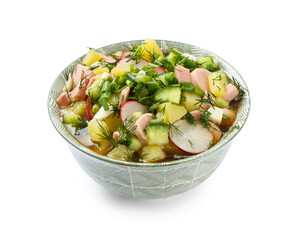 Bowl of tasty okroshka isolated on white background