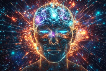 Abstract digital illustration of a human head with radiating energy, representing consciousness, enlightenment, and interconnectedness.