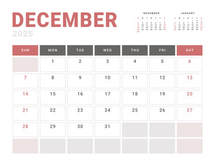 Monthly page Calendar Planner Template of December 2025. Vector layout of calendar with week start Monday for Scheduling. Page for size A4 or 21x29.7 cm