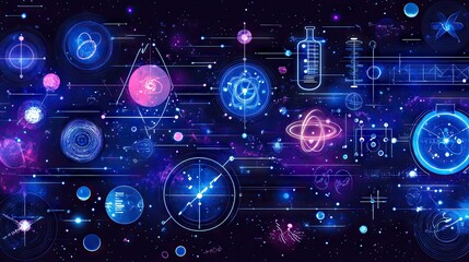 Fototapeta premium Colorful Cosmic Elements and Scientific Symbols on Dark Background
