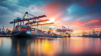 Container Ship at Sunset Port. Concept of Global Trade and Logistics.