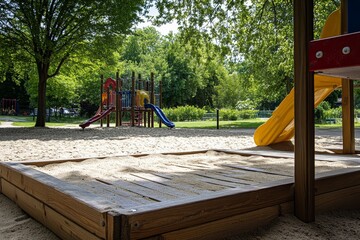 Wooden sandbox, playground equipment, sunny park setting.