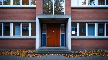  a minimalistic architectural scene. building facade with a single centered door.Concept for  of simplicity, warmth, and serenity.