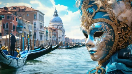 Fototapete A vibrant Carnival in Venice scene with ornate masks and gondolas against a festive canal backdrop, macro shot, Minimalist style © jack