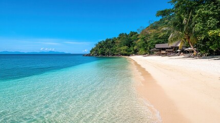 Fototapeta premium Tropical beach paradise: crystal-clear water, white sand, and lush greenery.