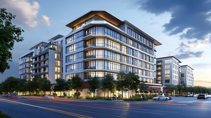 Obraz premium modern urban development with contemporary high-rise buildings featuring sleek glass facades and clean architectural lines, themes of urban lifestyle, luxury living, and modern architecture.