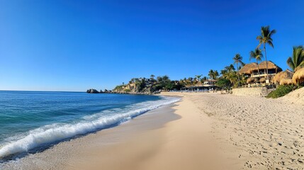 Tropical beach paradise with palm trees and thatched-roof buildings.
